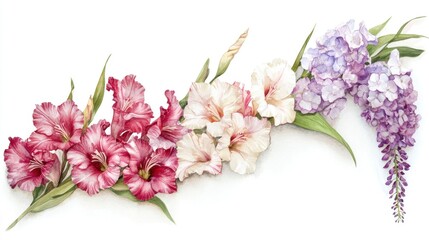 Elegant floral arrangement of gladioli and wisteria blossoms on white background.