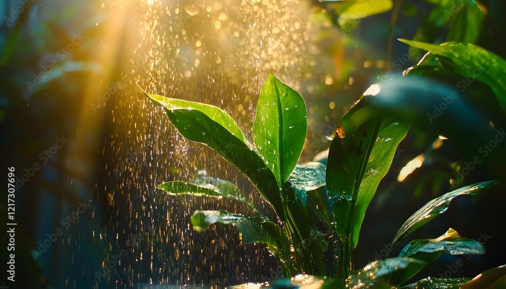 Poster Glimmering Green Leaves in Soft Rainlight with Sparkling Water Droplets Creating a Tranquil and Refreshing Atmosphere in a Lush Natural Setting