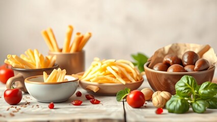 Assortment of Crispy Fried Snacks, French Fries, Breadsticks, and Marinated Mushrooms with Fresh