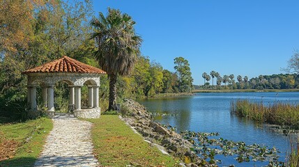 Obraz premium Stone Gazebo Lakeside Path Autumnal Scene