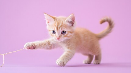 Playful kitten with pink string on pastel background during a bright indoor moment