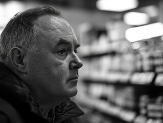 A man with a bald head and gray hair is standing in a store. He looks sad and is staring at the ground