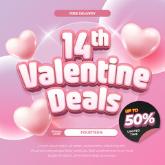 14 Valentine Sale Banner with Soft Pastel Pink Hearts, Glassmorphism Effects and Discounts Up to 50%
