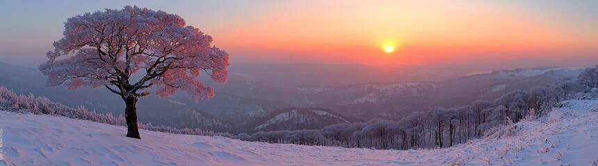 A winter sunrise with a stunning panorama of snow-covered forests