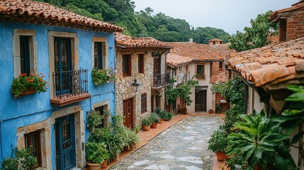 Obraz premium Picturesque European Village Street Scene With Colorful Buildings