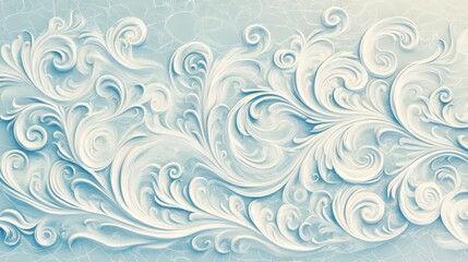 Elegant light blue 3D floral swirls pattern background.