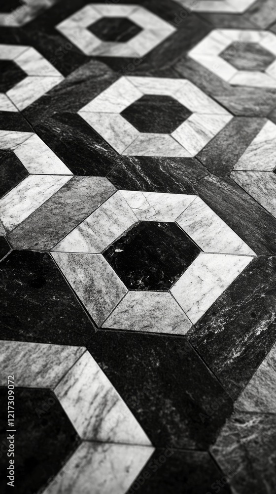 Poster geometric pattern of black and white octagonal floor tiles showcasing intricate design and craftsman