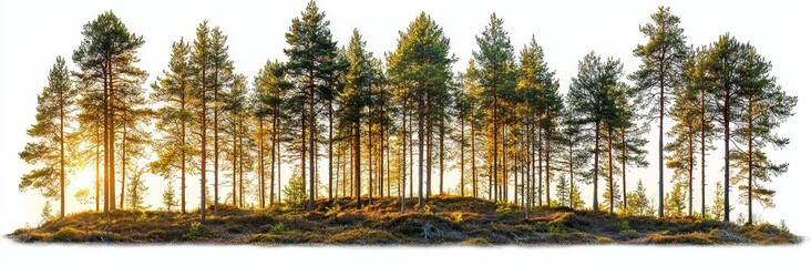 Fototapeta premium A wide, seamless panorama showcasing a forest of coniferous trees