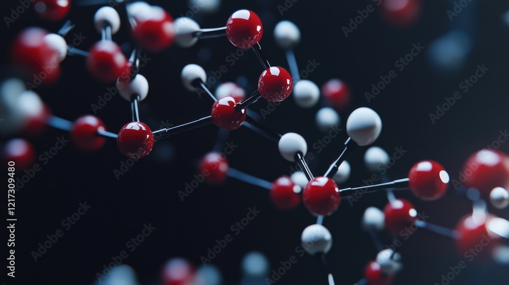 Poster a close up of a red and white molecule. the red and white spheres are connected by a black wire. con