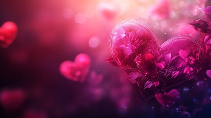 Abstract glowing heart shapes in vibrant pink tones with a soft bokeh effect, symbolizing love and celebration. Ideal for Valentine's Day, romantic events, and artistic holiday visuals.
