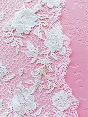 Close-up view of intricate white lace fabric with floral designs, overlaid on a pink background. The lace material is edged with an elegant embroidered trim and features a scalloped edge.