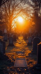 Mysterious sunset casts golden light over a tranquil cemetery path surrounded by ancient trees