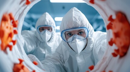 Two individuals wearing protective gear in a room with cdc guidelines displayed on the wall