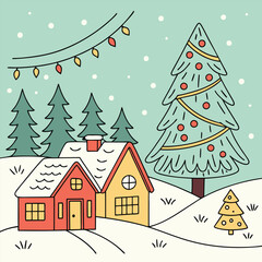 Naklejka premium Festive Winter Village in Flat Design