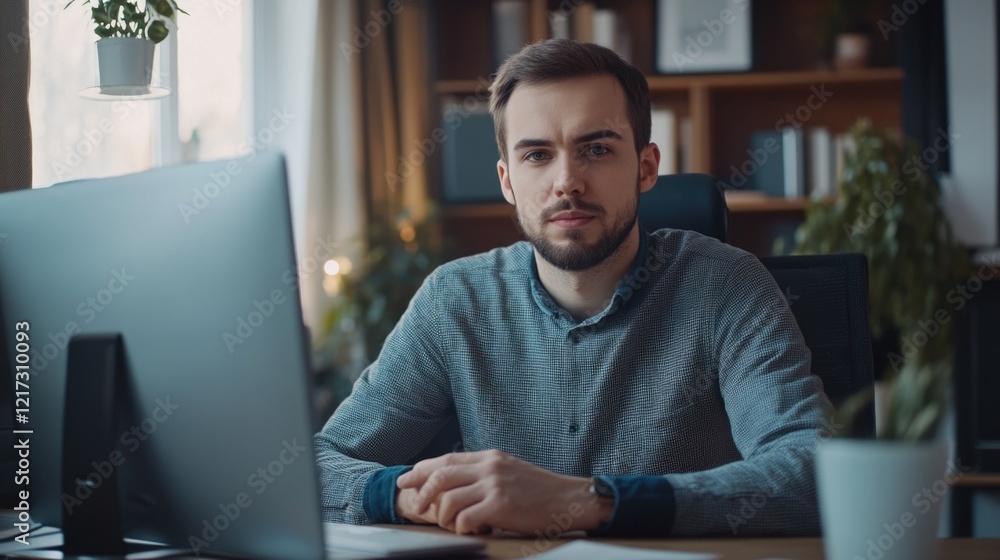 Poster a man is sitting at a desk with a computer monitor in front of him. he is wearing a gray sweater and