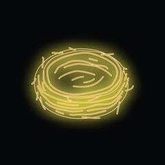 Fototapeta premium Neon glowing yellow bird nest is surrounded by black space