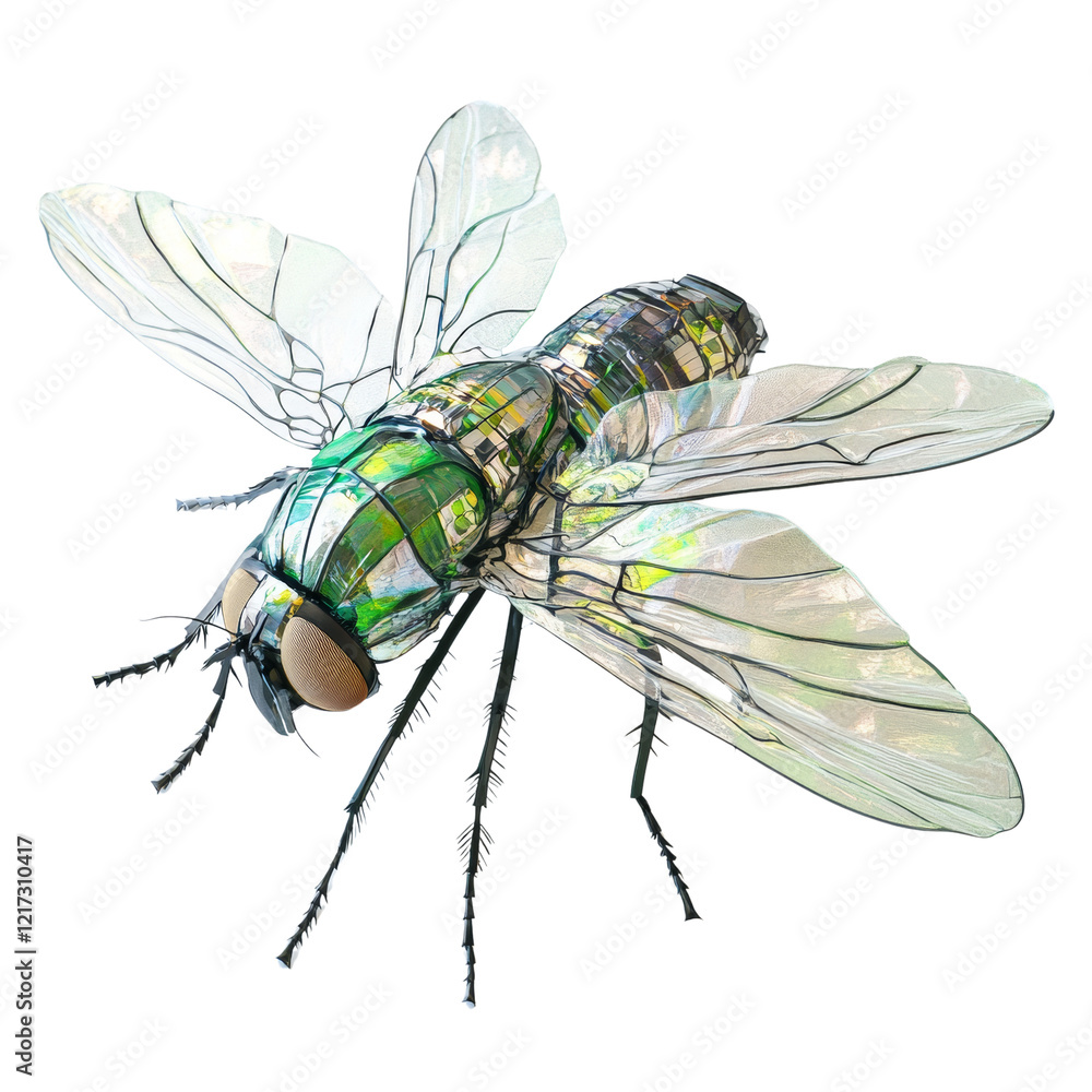 Poster a digital 3d rendering depicts a meticulously detailed robotic fly with translucent wings and a meta