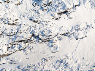 Wolverine tracks in the snow. Winter mountain landscape from Norway with tracks.