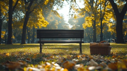 Serene park setting with benches and picnic baskets during autumn evening light