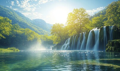 Krka National Park, Croatia, Europe, offers a splendid summer view of its waterfalls