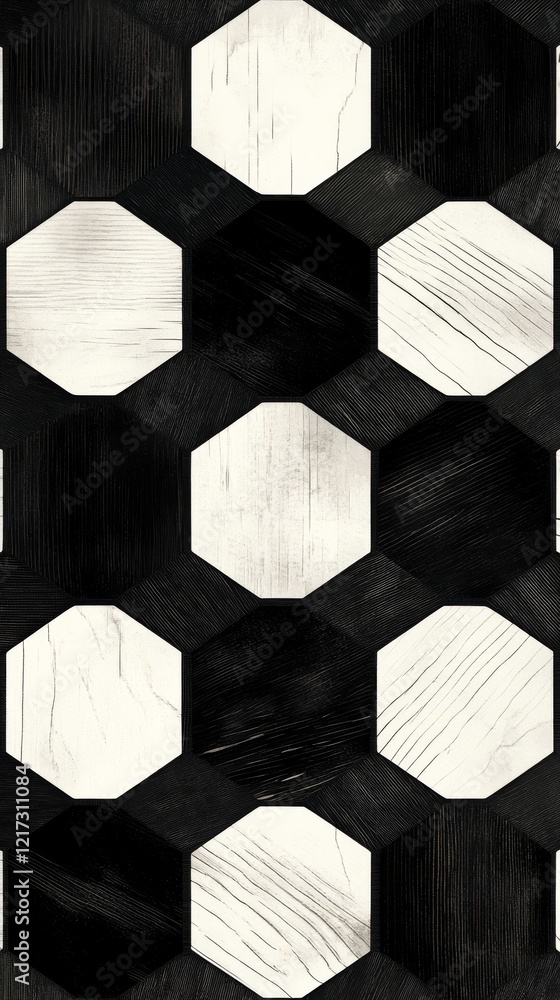 Poster geometric pattern of black and white octagonal floor tiles showcasing intricate design and craftsman