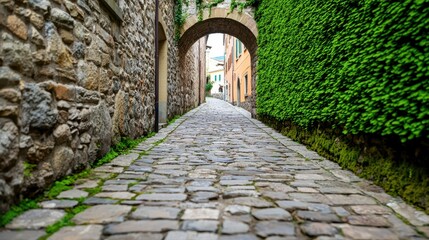 Ancient Stone Alley with Moss-Covered Walls Surrounded by Lush Greenery in a Historic Town