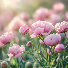 Fototapeta premium Pink peonies bloom gracefully in a sunlit garden during springtime, creating a vibrant landscape filled with natural beauty