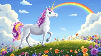 A unicorn standing on a grassy hill, with a rainbow arching across the sky and clouds in the background, surrounded by flowers