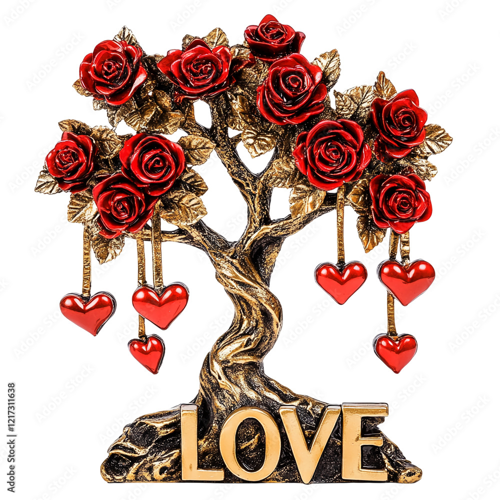 Poster golden decorative tree with red roses and hearts isolated on a transparent background