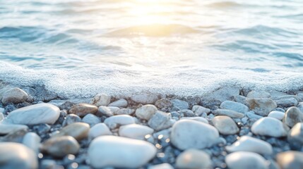 A serene beauty banner with soft glowing light, smooth stones, and gentle waves, leaving an open space in the middle for text or branding