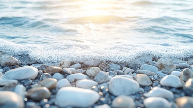 A serene beauty banner with soft glowing light, smooth stones, and gentle waves, leaving an open space in the middle for text or branding