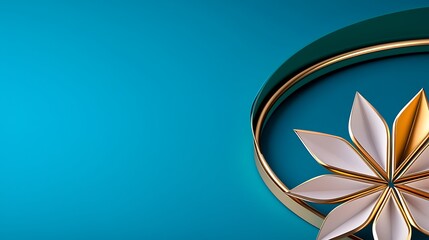 Abstract teal background with gold and white flower design element.