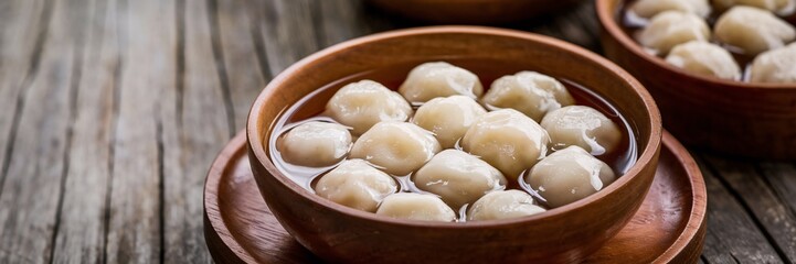 Fototapeta premium Tangyuan on Wooden Platter, Delicious round dumplings in a wooden bowl.