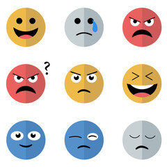 Happy, sad, angry, tired emoji face emoticon set. Round emoji with different mood. Feeling, emotion, facial expression concept. Flat cartoon character vector design isolated illustration.
