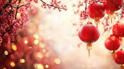 Ornate red lanterns with golden tassels adorn cherry blossom branches, surrounded by warm bokeh lights. Perfect for Chinese New Year, festive events, and traditional celebrations