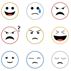 Happy, sad, angry, tired emoji face emoticon set. Round emoji with different mood. Feeling, emotion, facial expression concept. Flat cartoon character vector design isolated illustration.