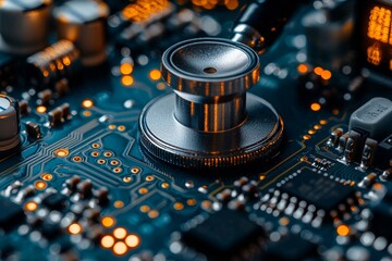 A stethoscope lying on a circuit board depicts the overlap between healthcare and technology, reflecting medical progress and digital health solutions