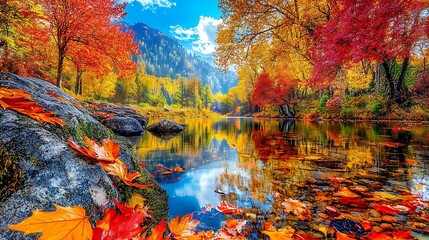 Fototapeta premium Autumnal river reflection, mountain backdrop, scenic postcard