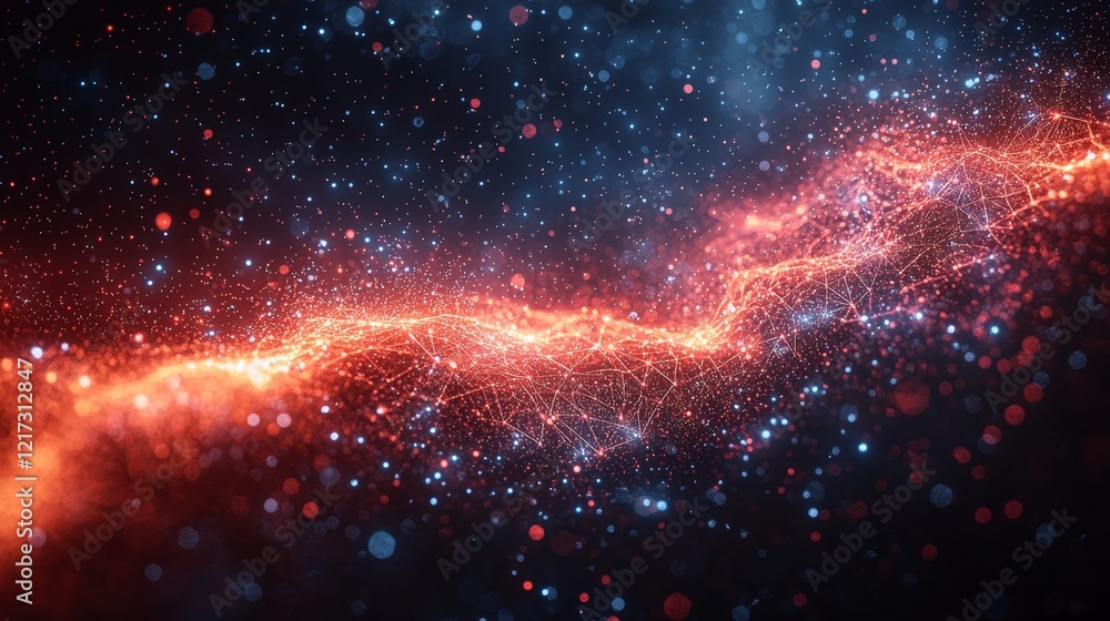 Poster an elaborate web of neon red and blue strands spread across a dark black canvas, designed for dynami