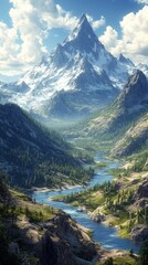 Fototapeta premium Scenic mountain valley with a flowing river under a bright sky and majestic peaks