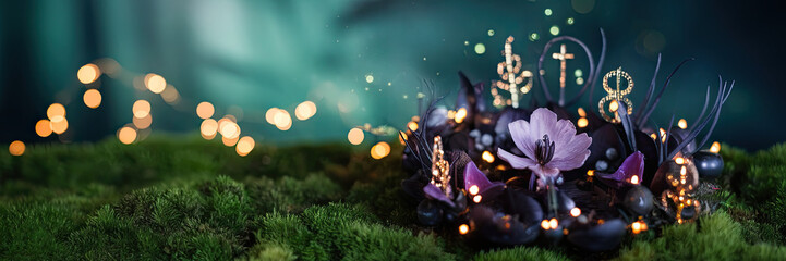 Obraz premium Enchanting Dark Fairy Garden with Lights Moss Flowers