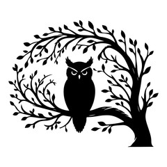 Vector silhouette of the branch with an owl on a white background. Symbol of nature