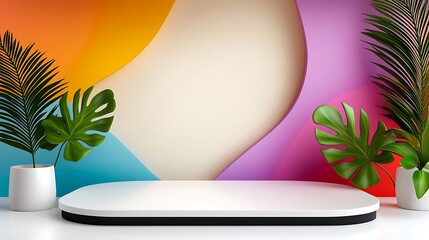 Colorful Abstract Background with White Podium and Tropical Plants
