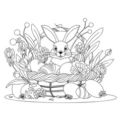 Easter basket with eggs and flowers. Black and white illustration. Coloring page.