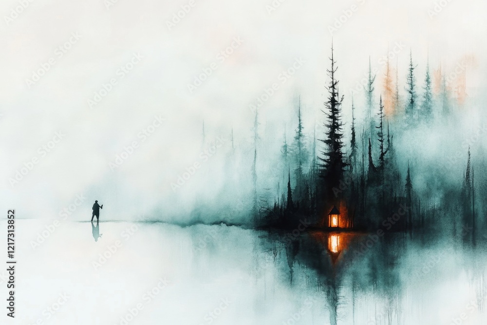 Poster a watercolor painting of a foggy forest with a lone figure holding a lantern, their light creating s