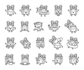 Gift box cartoon character set with happy faces, various emotions, festive elements, food, birthday details, halloween symbols, and summer accessories for art projects.