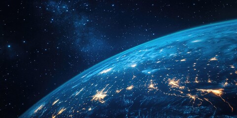 Obraz premium Nighttime view of Earth, highlighting urban centers from space with starry night sky as backdrop.