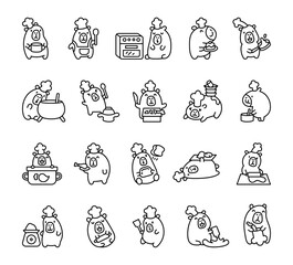 Set of capybara in chef hat with baking tools, cooking utensils, food preparation items, adorable kawaii cartoon animal characters, and kitchen equipment designs