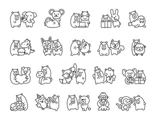 Friendly set with capybara featuring various animals cute kawaii characters with hugs, dancing, valentines day, fairy with magic wand and wings for cheerful creative designs illustration