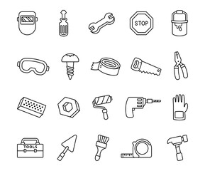 Adorable set of cute outline object clipart, construction tools for building, repairing, and industrial tasks featuring creative equipment and essential work items for stock illustrations